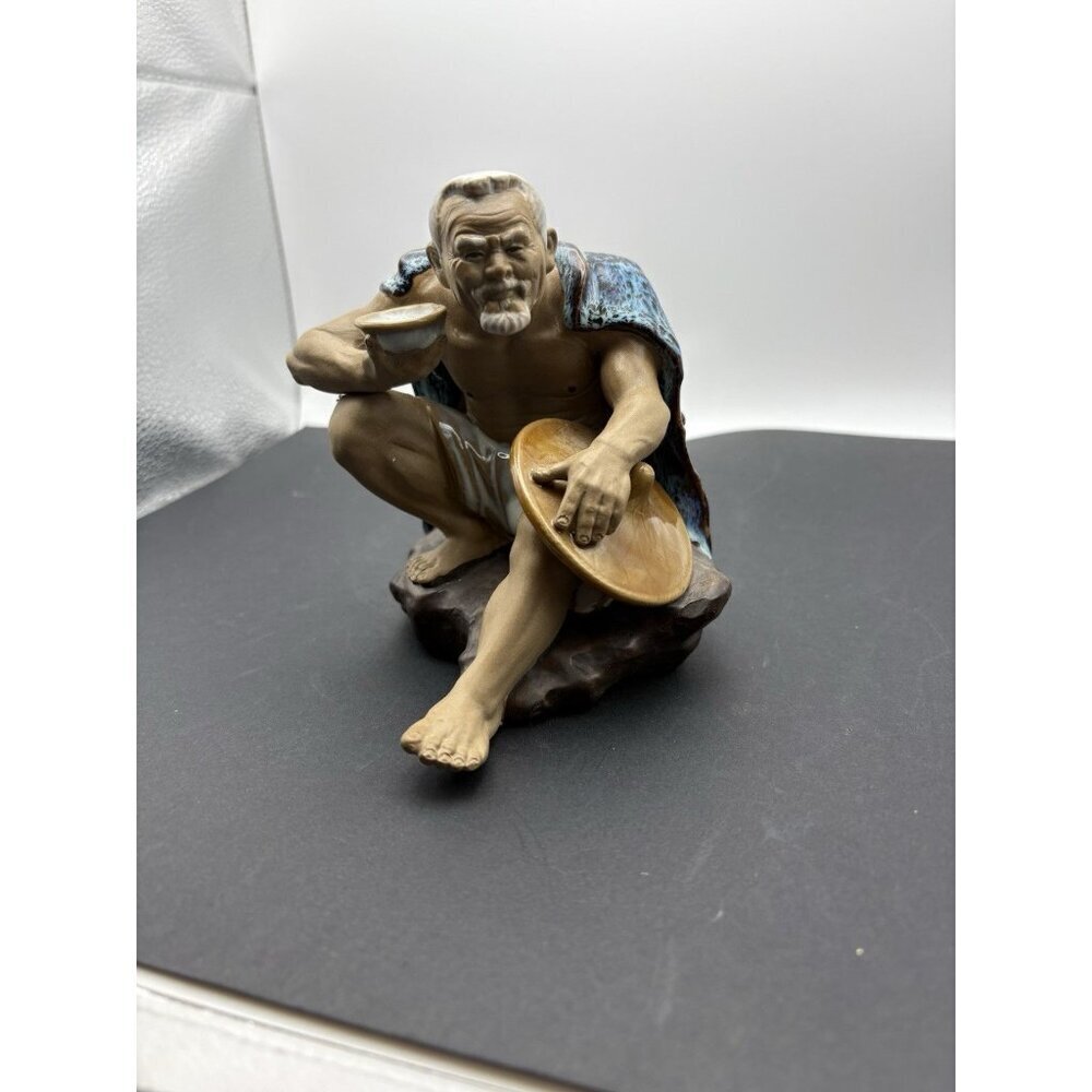 Vintage Shiwan Chinese Mudman Statue Figurine Sitting Old Man Eating 5.5”x5